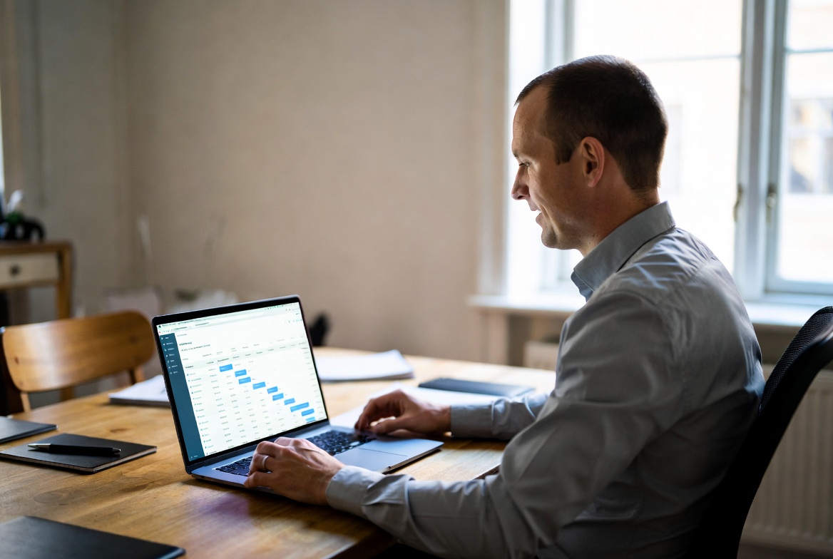 Selger som ser på salgstall på laptop